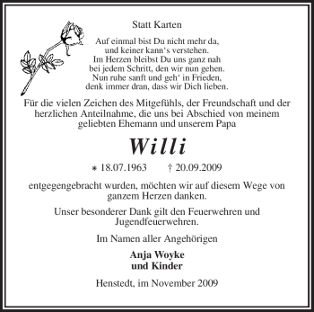 Traueranzeige von Willi Unbekannt von KREISZEITUNG SYKE