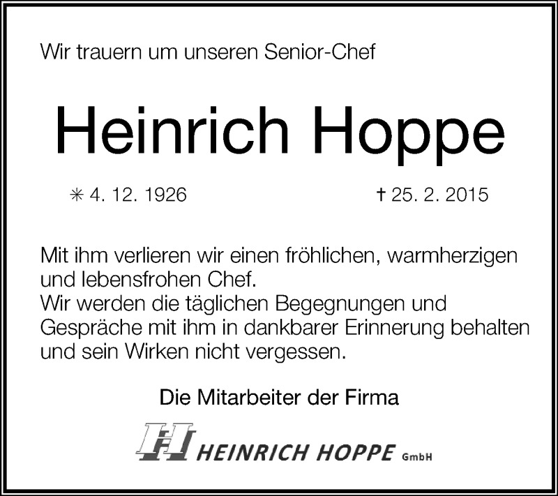  Traueranzeige für Heinrich Hoppe vom 28.02.2015 aus KRZ