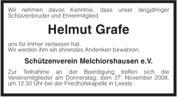 Traueranzeige von Helmut Grafe von KREISZEITUNG SYKE