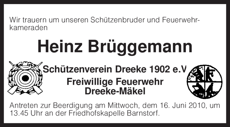  Traueranzeige für Heinz Brüggemann vom 15.06.2010 aus KREISZEITUNG SYKE