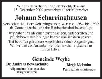 Traueranzeige von Johann Scharringhausen von KREISZEITUNG SYKE