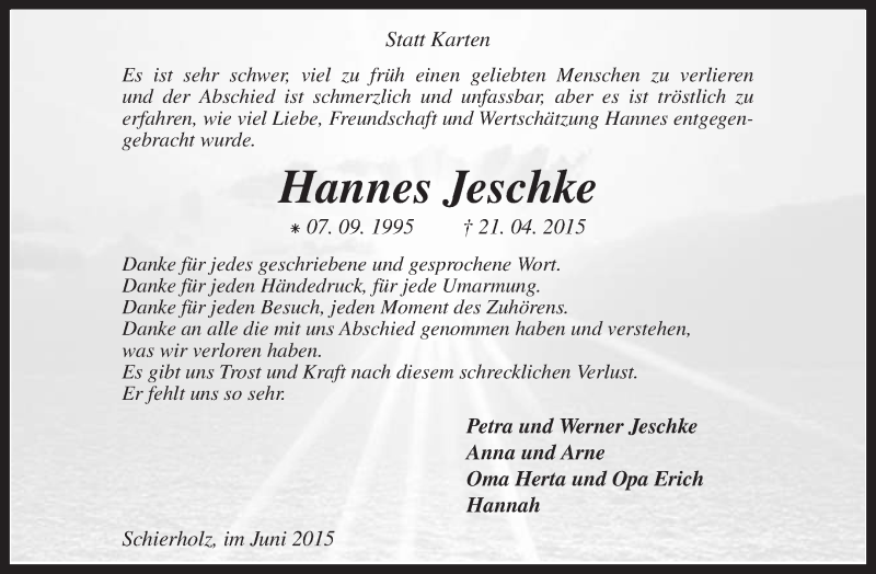  Traueranzeige für Hannes Jeschke vom 13.06.2015 aus KRZ