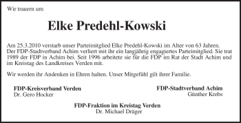 Traueranzeige von Elke Predehl-Kowski von KREISZEITUNG SYKE