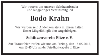 Traueranzeige von Bodo Krahn von KREISZEITUNG SYKE