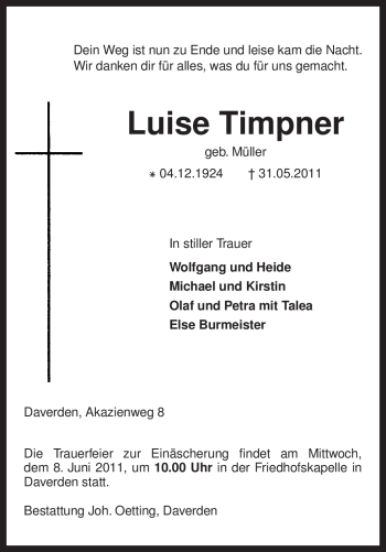 Traueranzeige von Luise Timpner von KREISZEITUNG SYKE