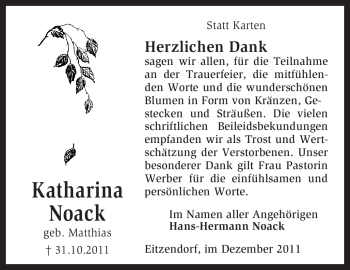 Traueranzeige von Katharina Noack von KREISZEITUNG SYKE