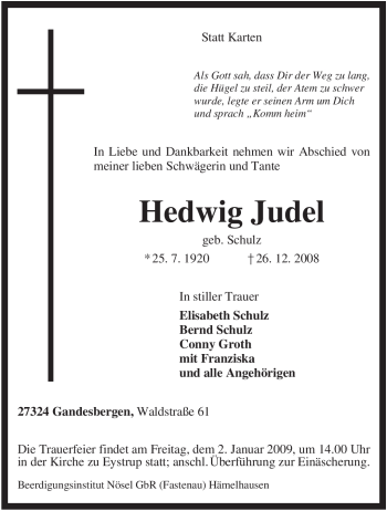 Traueranzeige von Hedwig Judel von KREISZEITUNG SYKE