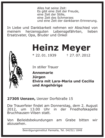 Traueranzeige von Heinz Meyer von KREISZEITUNG SYKE