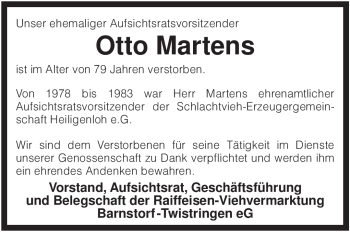 Traueranzeige von Otto Martens von KREISZEITUNG SYKE