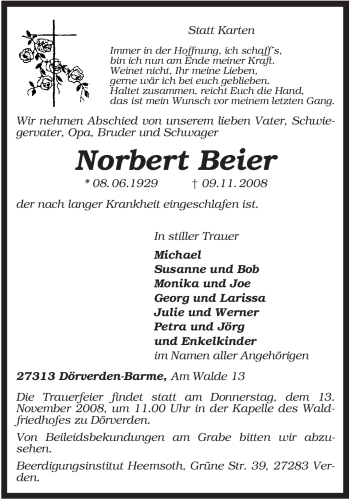 Traueranzeige von Norbert Beier von KREISZEITUNG SYKE