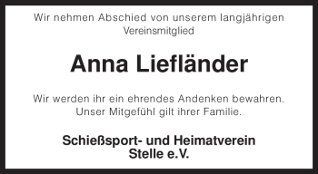 Traueranzeige von Anna Liefländer von KREISZEITUNG SYKE