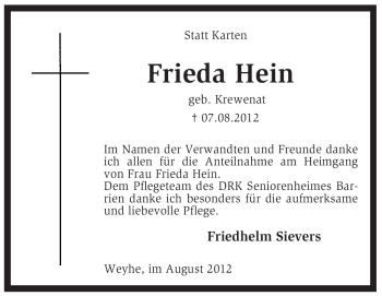 Traueranzeige von Frieda Hein von KREISZEITUNG SYKE