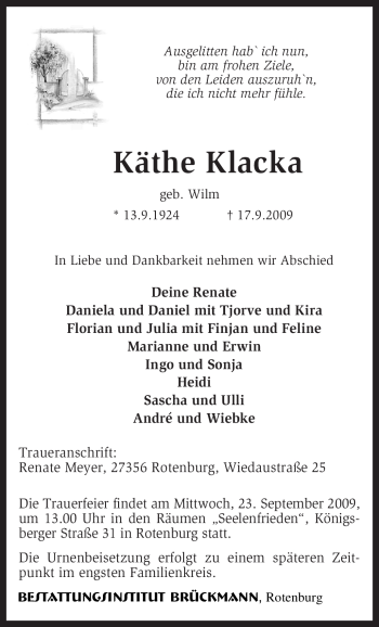 Traueranzeige von Käthe Klacka von KREISZEITUNG SYKE