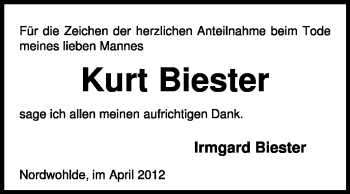 Traueranzeige von Kurt Biester von KREISZEITUNG SYKE