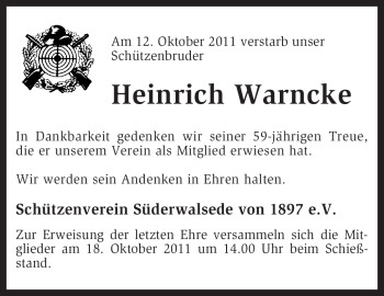 Traueranzeige von Heinrich Warncke von KREISZEITUNG SYKE