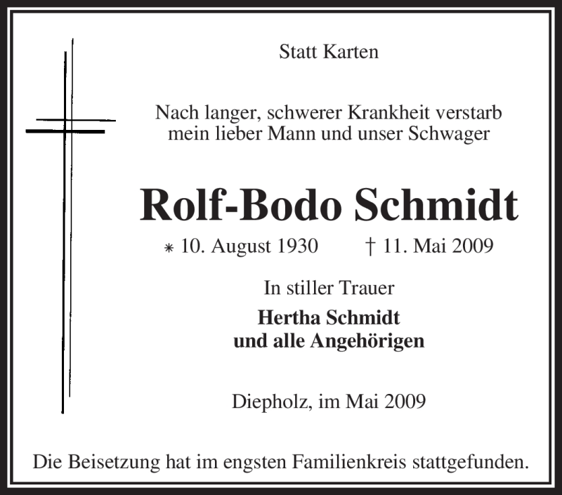 Traueranzeigen von Rolf-Bodo Schmidt | trauer.kreiszeitung.de