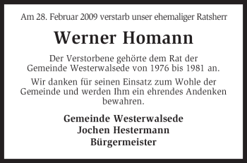 Traueranzeige von Werner Homann von KREISZEITUNG SYKE