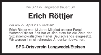 Traueranzeige von Erich Röttjer von KREISZEITUNG SYKE