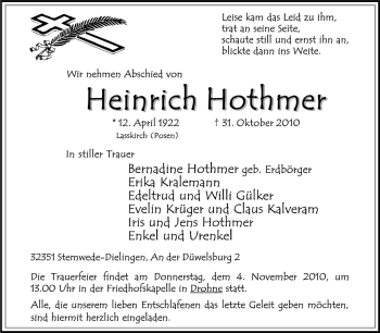 Traueranzeige von Heinrich Hothmer von KREISZEITUNG SYKE