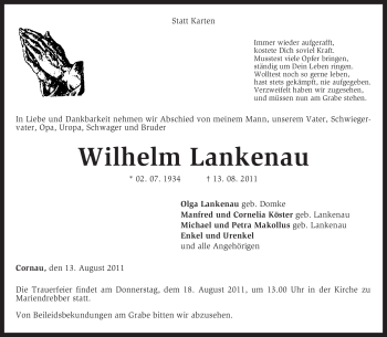 Traueranzeige von Wilhelm Lankenau von KREISZEITUNG SYKE