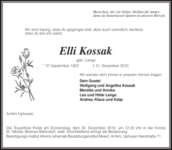 Traueranzeige von Elli Kossak von KREISZEITUNG SYKE