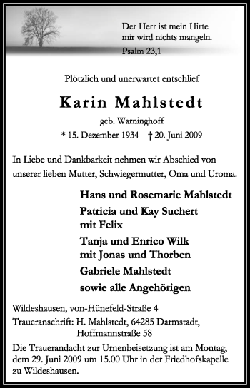 Traueranzeige von Karin Mahlstedt von KREISZEITUNG SYKE