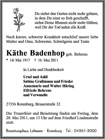 Traueranzeige von Käthe Badenhop von KREISZEITUNG SYKE