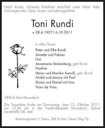 Traueranzeige von Toni Rundi von KREISZEITUNG SYKE