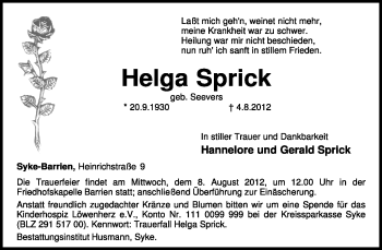 Traueranzeige von Helga Sprick von KREISZEITUNG SYKE