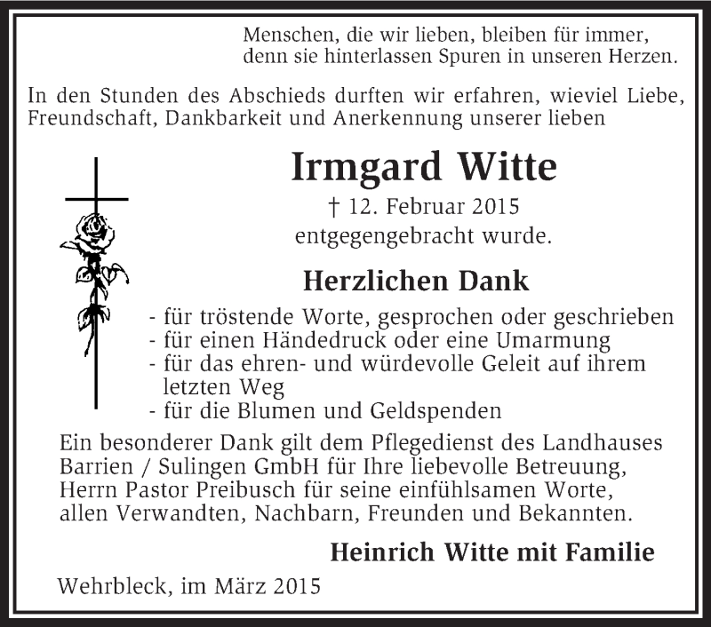 Traueranzeige für Irmgard Witte vom 07.03.2015 aus Kreiszeitung