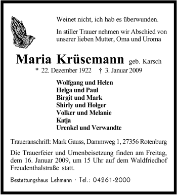 Traueranzeige von Maria Krüsemann von KREISZEITUNG SYKE