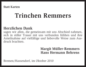 Traueranzeige von Trinchen Remmers von KREISZEITUNG SYKE