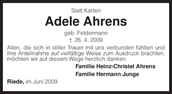 Traueranzeige von Adele Ahrens von KREISZEITUNG SYKE