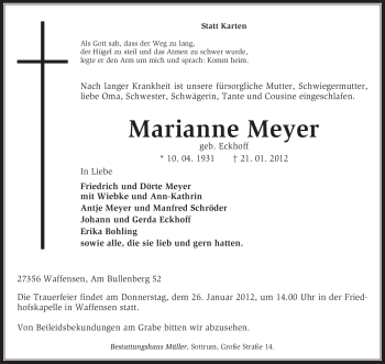 Traueranzeige von Marianne Meyer von KREISZEITUNG SYKE