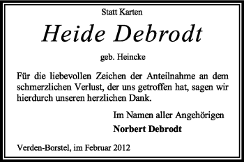 Traueranzeige von Heide Debrodt von KREISZEITUNG SYKE