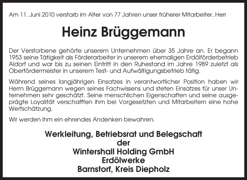  Traueranzeige für Heinz Brüggemann vom 15.06.2010 aus KREISZEITUNG SYKE