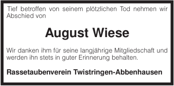 Traueranzeige von August Wiese von KREISZEITUNG SYKE