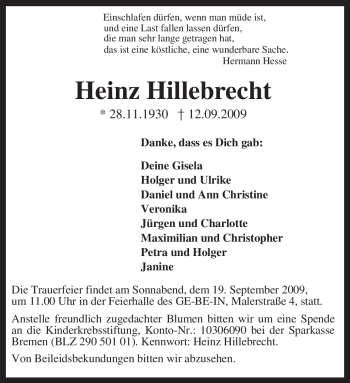 Traueranzeige von Heinz Hillebrecht von KREISZEITUNG SYKE