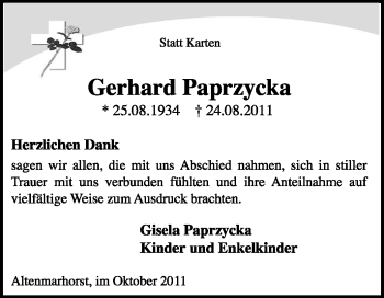 Traueranzeige von Gerhard Paprzycka von KREISZEITUNG SYKE