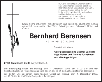 Traueranzeige von Bernhard Berensen von KREISZEITUNG SYKE