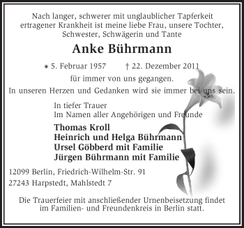 Traueranzeige von Anke Bührmann von KREISZEITUNG SYKE