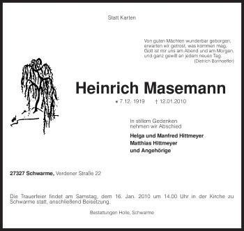 Traueranzeige von Heinrich Masemann von KREISZEITUNG SYKE