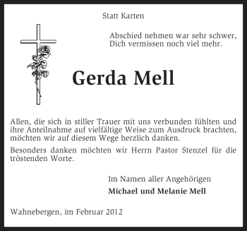 Traueranzeige von Gerda Mell von KREISZEITUNG SYKE