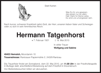 Traueranzeige von Hermann Tatgenhorst von KREISZEITUNG SYKE