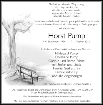 Traueranzeige von Horst Pump von KREISZEITUNG SYKE