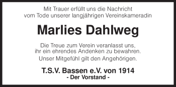 Traueranzeige von Marlies Dahlweg von KREISZEITUNG SYKE