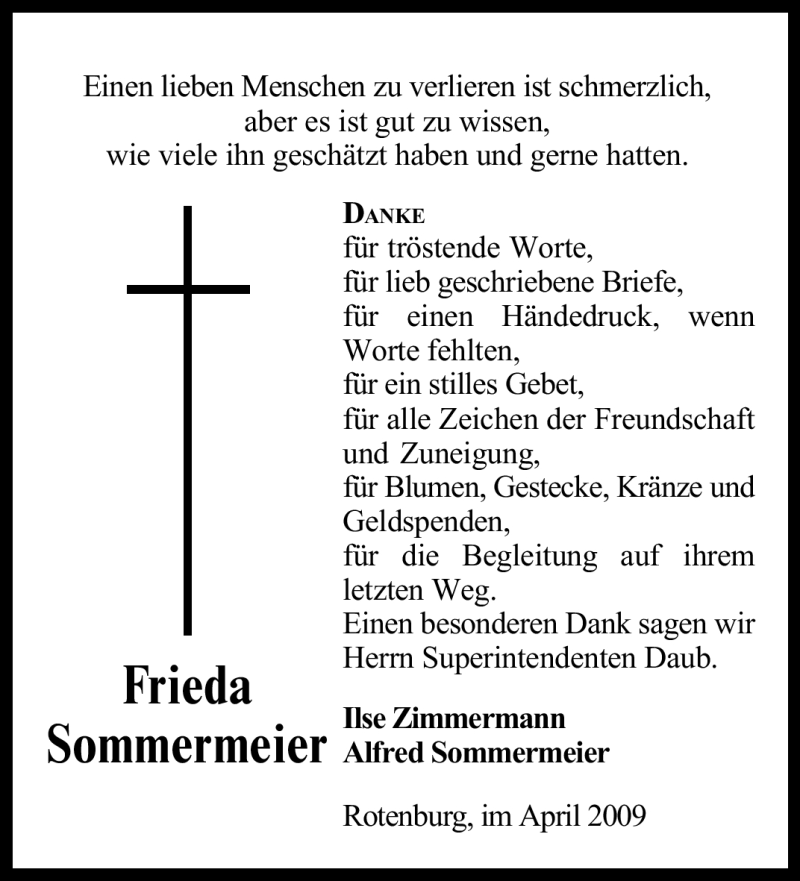  Traueranzeige für Frieda Sommermeier vom 02.05.2009 aus KREISZEITUNG SYKE