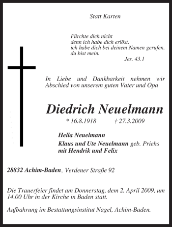 Traueranzeige von Diedrich Neuelmann von KREISZEITUNG SYKE