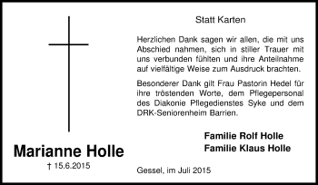 Traueranzeige von Marianne Holle von KRZ