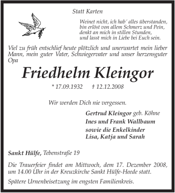 Traueranzeige von Friedhelm Kleingor von KREISZEITUNG SYKE